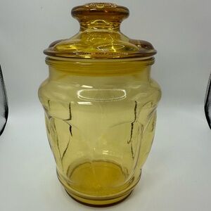 Vintage LE Smith Glass Canister Jar with Lid Oval Bubbles Amber